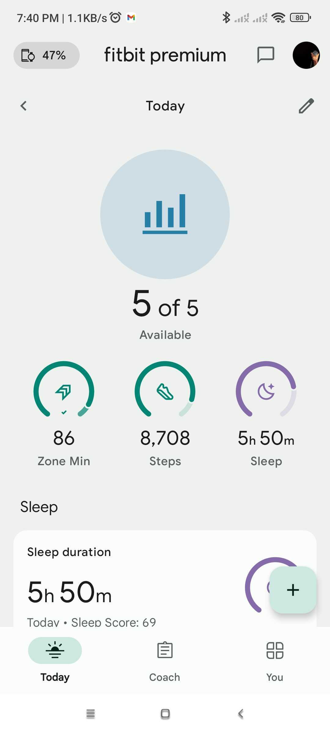 Fitbit mobile app dashboard