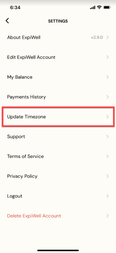 ExpiWell mobile app - update timezone option