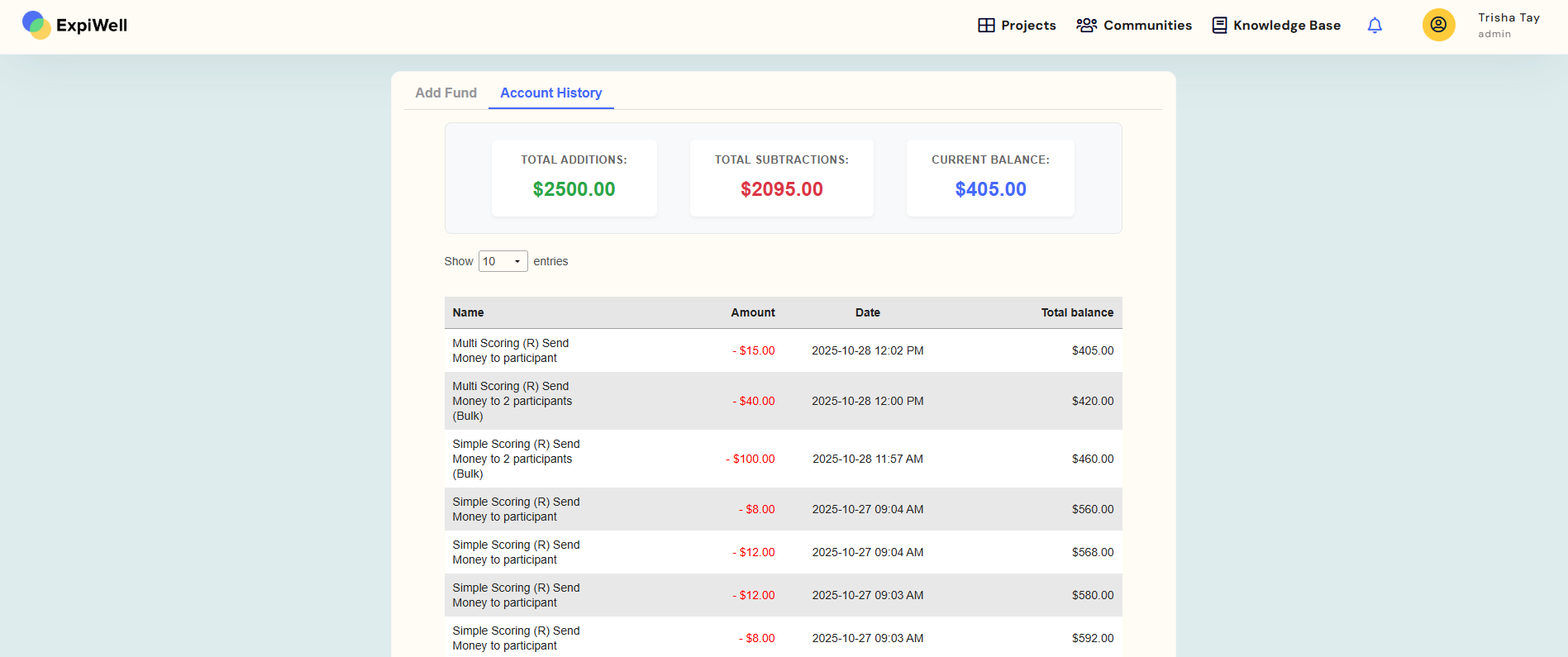 Finance tab- account history