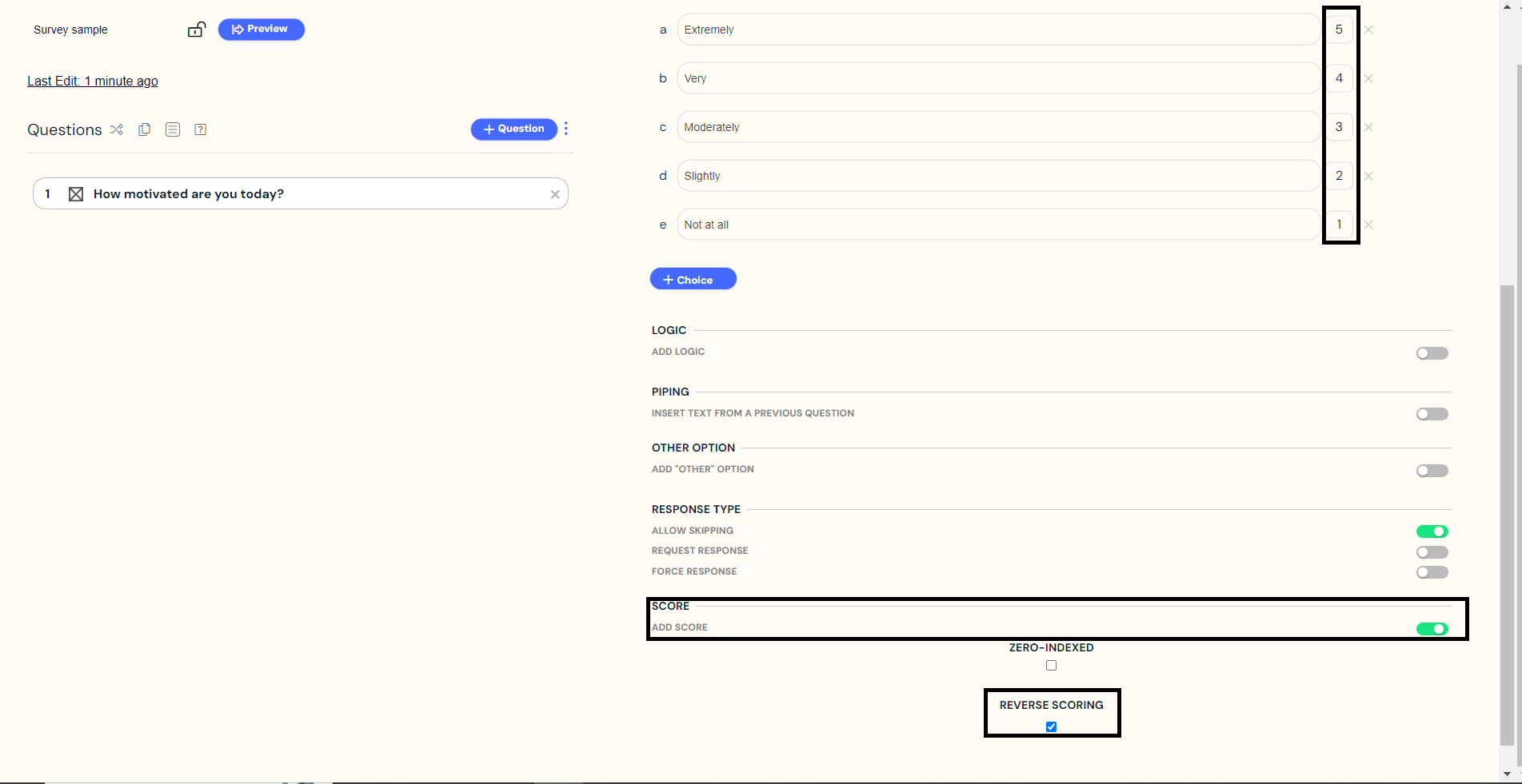Reverse scoring option in scored question