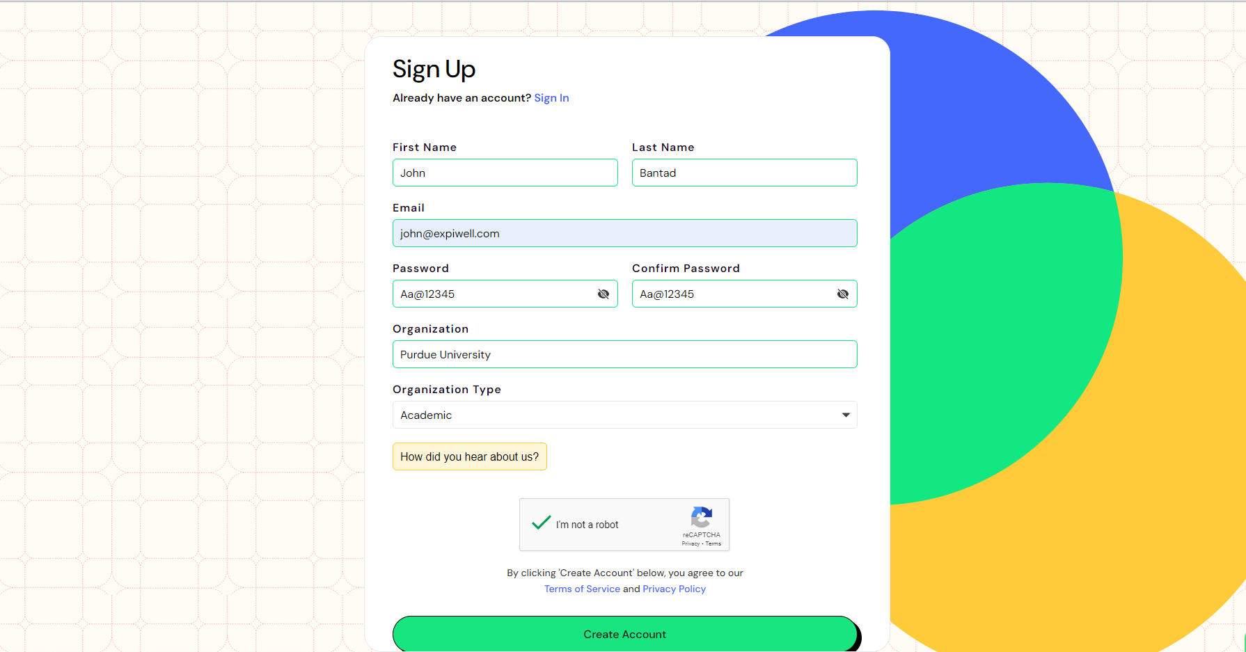 Sign Up page - 1