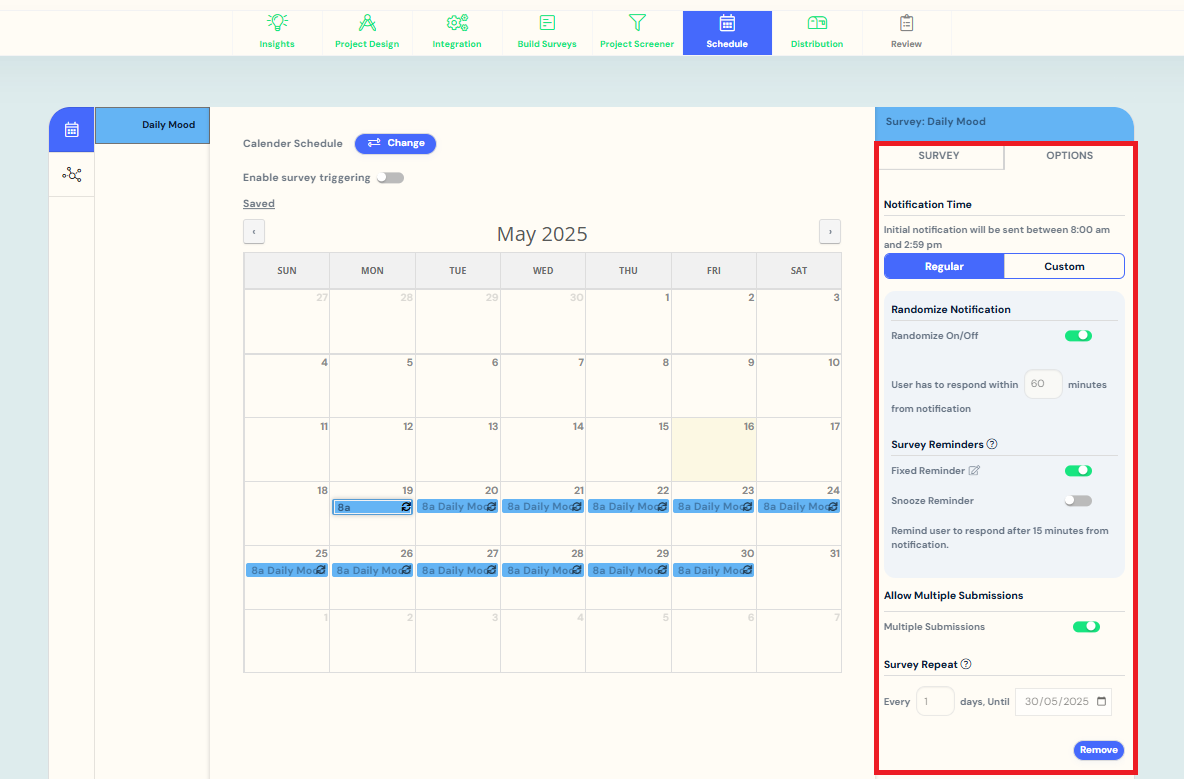 survey options (calendar schedule)