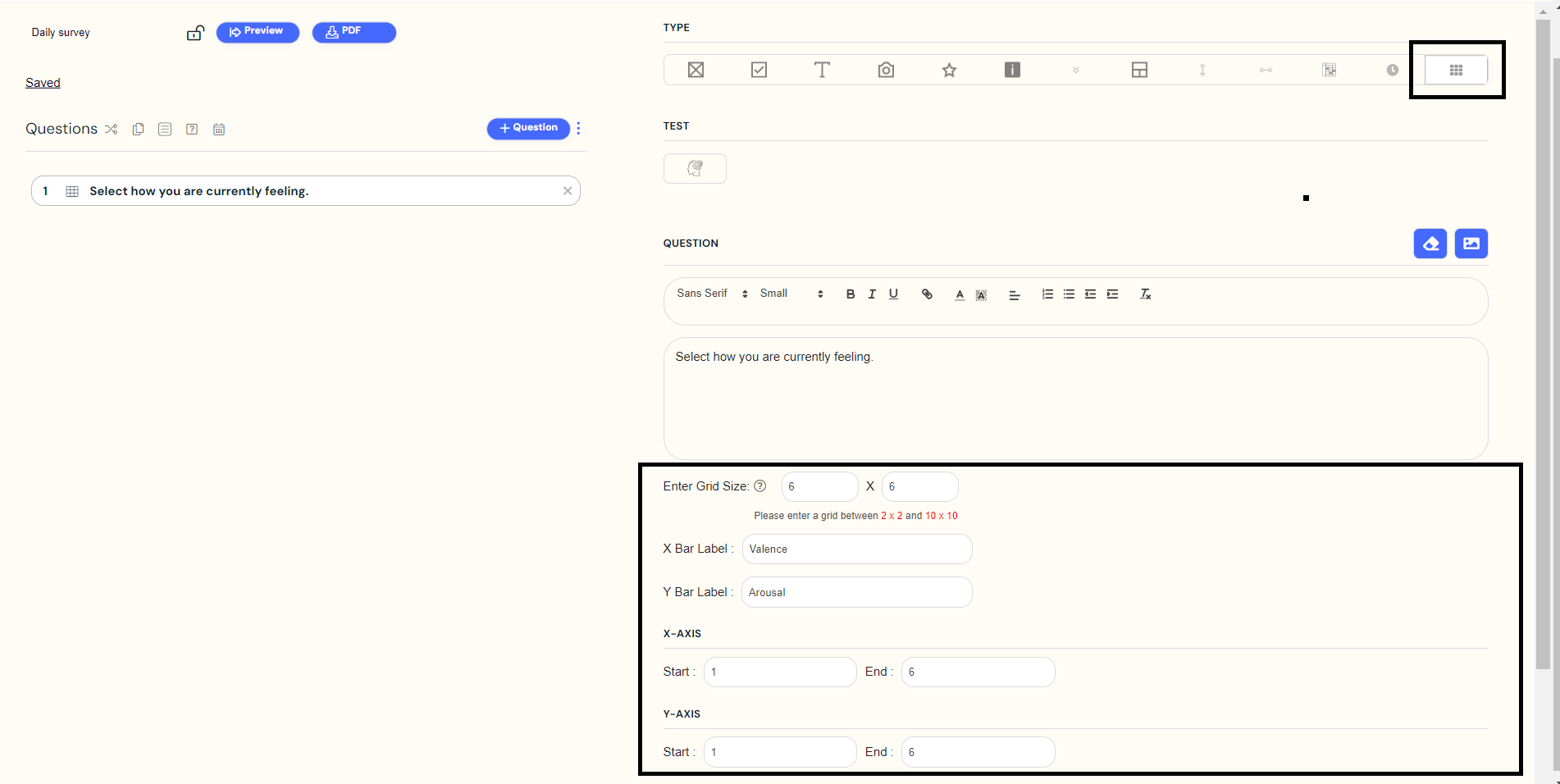 The grid question with type choices 