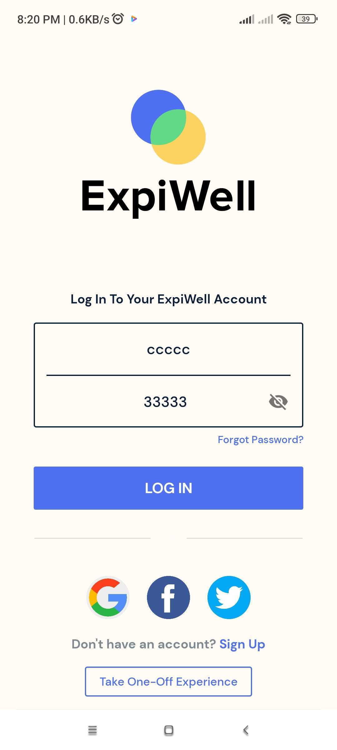 ExpiWell mobile app login page