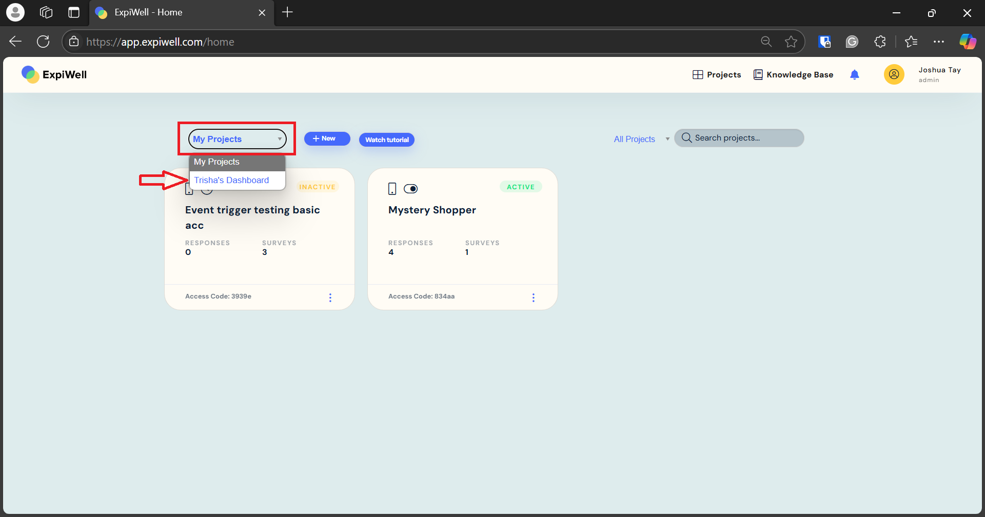 ExpiWell account -switch to team user dashboard 