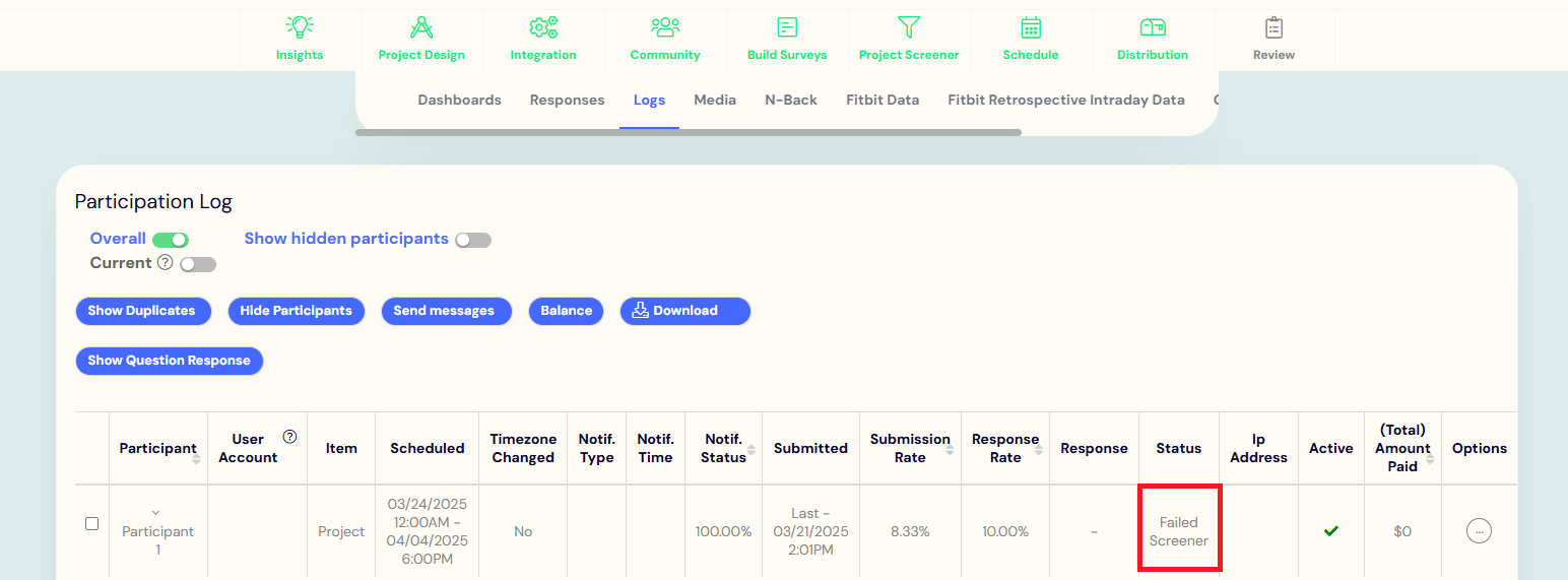 Logs showing participant who failed screener