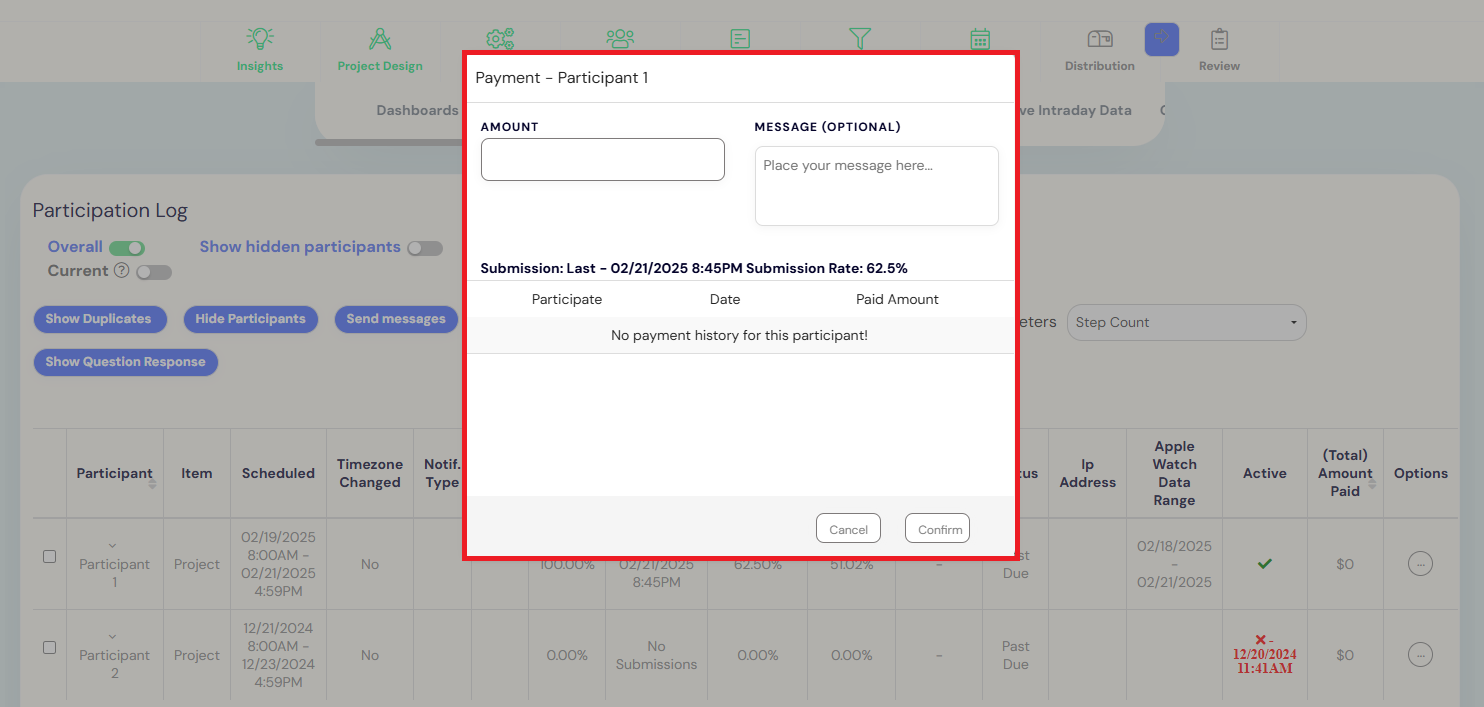 modal where you can manage participant payments