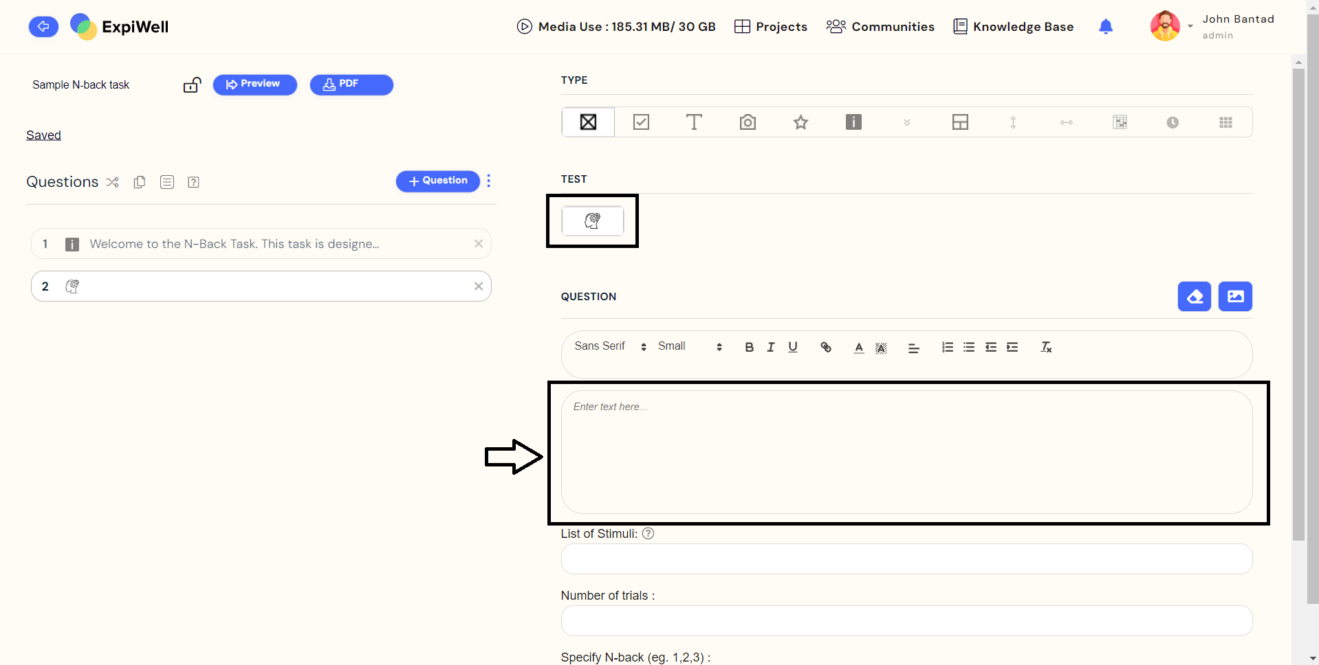 N-Back cognitive task button