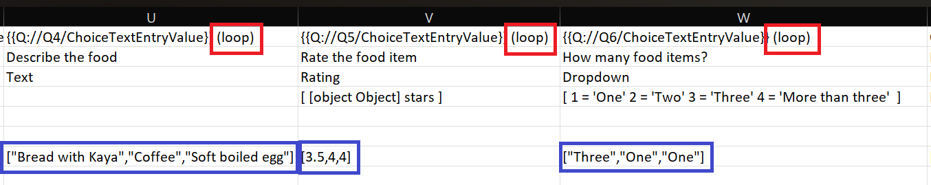 Example CSV for 'Text', 'Rating', and 'Dropdown' question types