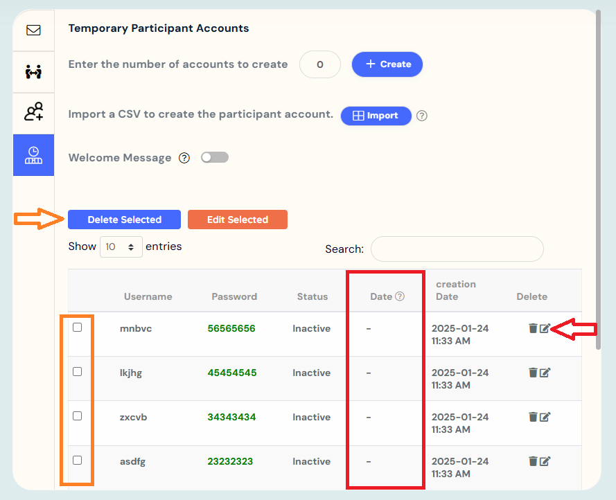 temporary participant accounts