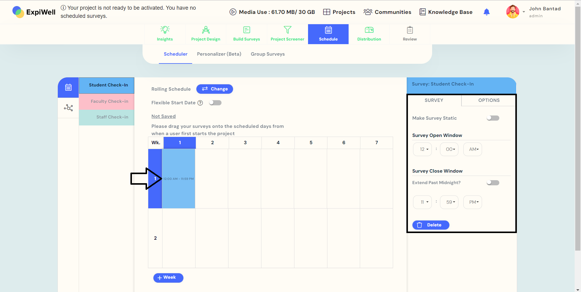 Survey open and close window times option