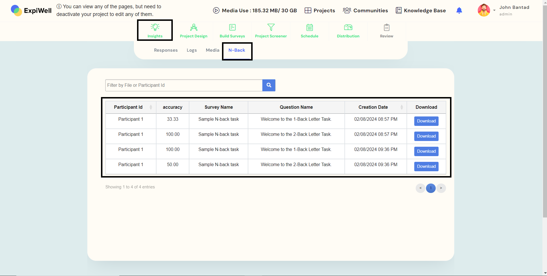 N-Back cognitive task responses page